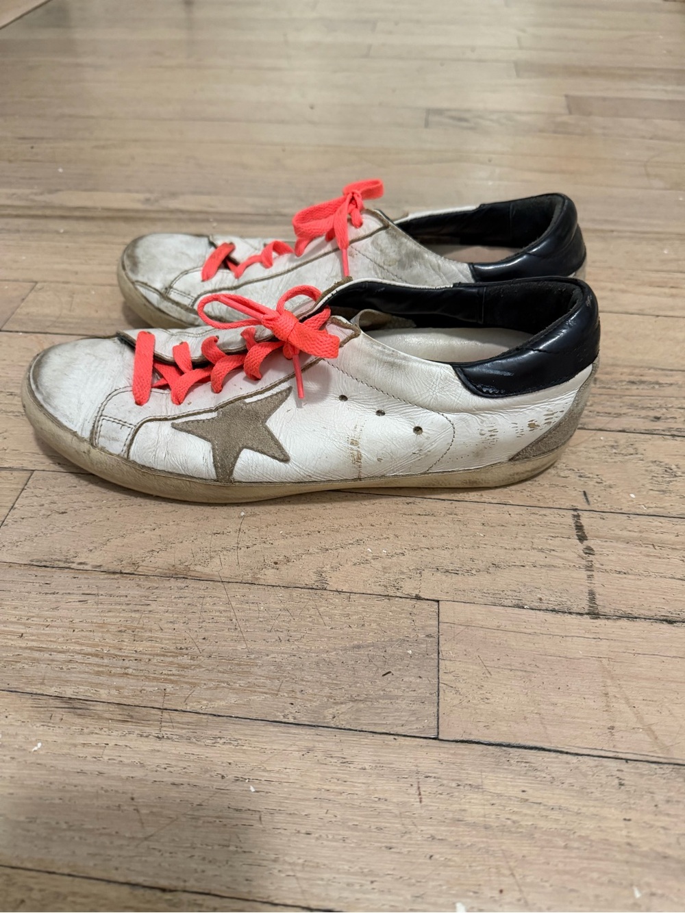 Golden Goose White Sneakers with Coral Laces and Black Heel